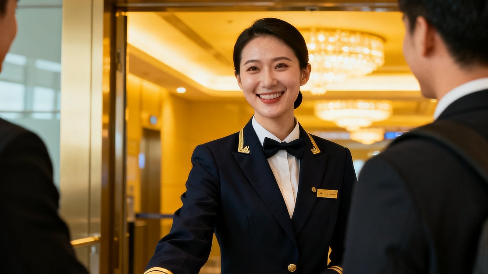 机场贵宾通道入口处，礼宾专员身着统一制服微笑迎接商务旅客，背景为专属安检通道标识和柔和灯光营造的尊贵氛围