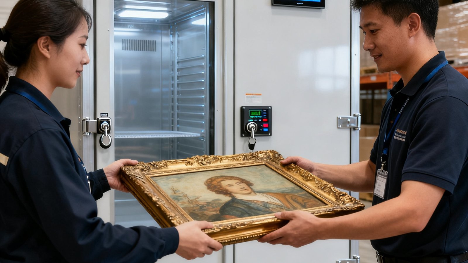 专业艺术品物流团队在恒温恒湿运输箱前进行珍贵展品交接，箱体配备电子锁和实时追踪显示屏幕，仓库环境洁净明亮