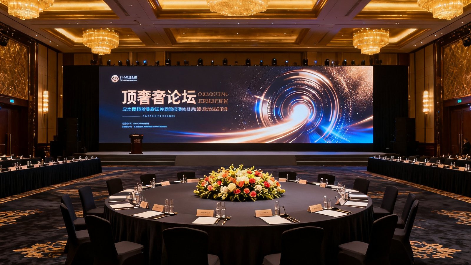 顶奢论坛会场全景，深色地毯搭配金色灯光营造庄重氛围，圆形会议桌摆放精致花艺装饰，背景巨幅LED屏幕显示活动主题视觉