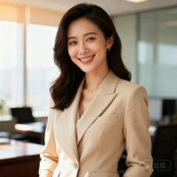 优雅女性客户头像，自信微笑，身着米色职业套装，背景柔和的办公室环境